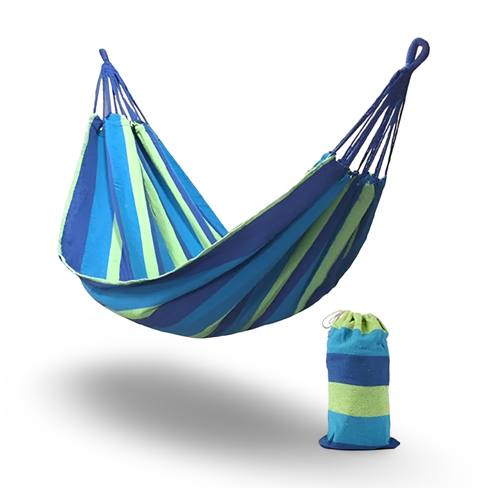 Hamac d'extérieur portable en coton respirant pour camping, jardin ou voyage. Détente facile et rapide.
