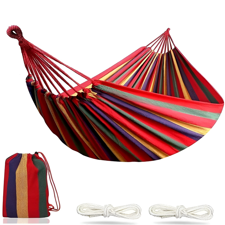 Hamac extérieur en coton respirant et portable pour camping, jardin et détente. Facile à installer.