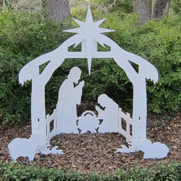 Scène de la Nativité de Noël détaillée pour l'extérieur. Crèche résistante aux intempéries, parfaite pour décorer le jardin.