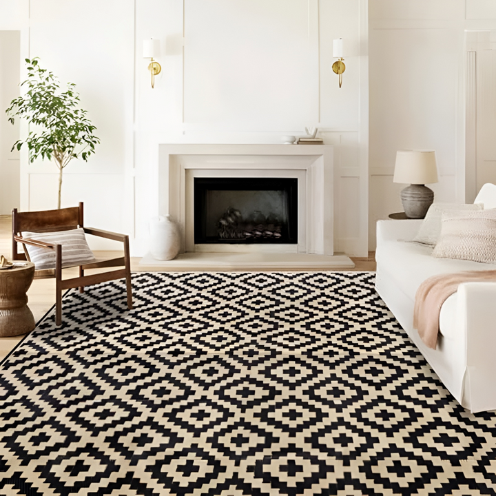 Tapis de jardin réversible à motif géométrique, idéal pour terrasse, balcon et camping, résistant.