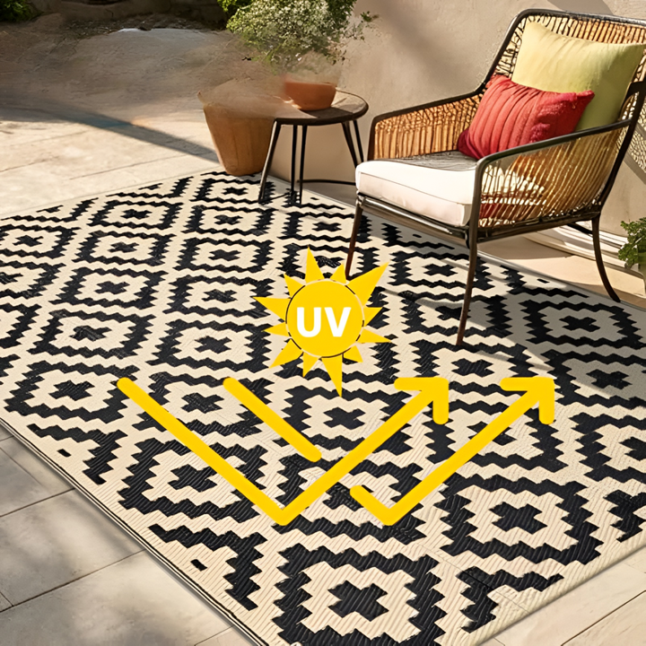 Décoration de terrasse: tapis extérieur géométrique réversible, résistant et facile d'entretien, motif moderne.