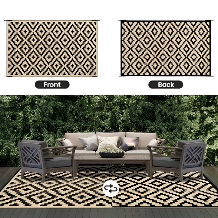 Tapis de camping en polypropylène antidérapant, motif géométrique réversible, parfait pour sol extérieur.