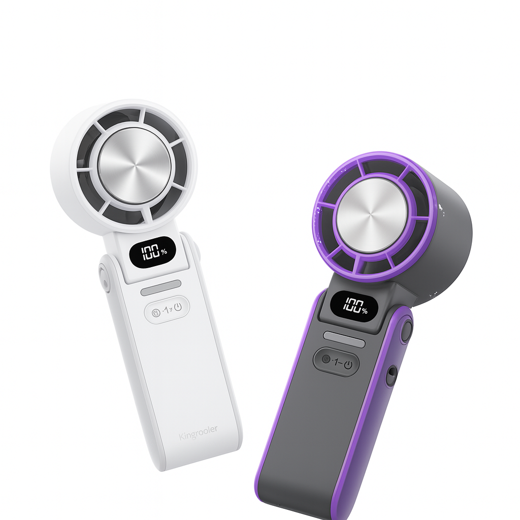 Ventilateur portable pliable 3-en-1 USB-C pour fraîcheur optimale au bureau, voyage ou extérieur.