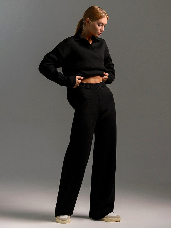 Tenue femme polyvalente, ensemble pull polo et pantalon large. Confort et style pour toutes occasions.