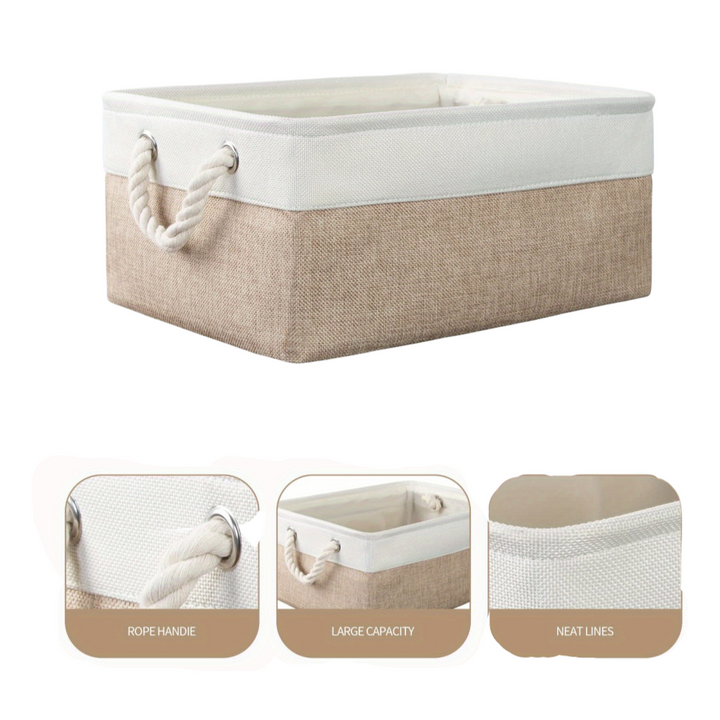 Élégante boîte de rangement pour linge de maison, pliable et pratique avec ses poignées pour faciliter le transport.