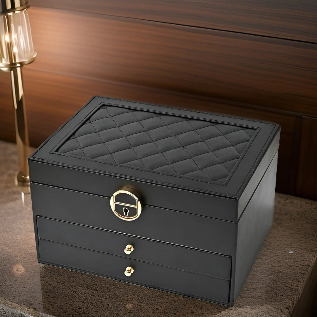 Organisateur de bijoux femme multi-niveaux en cuir, idéal pour boucles d'oreilles, bagues et colliers.