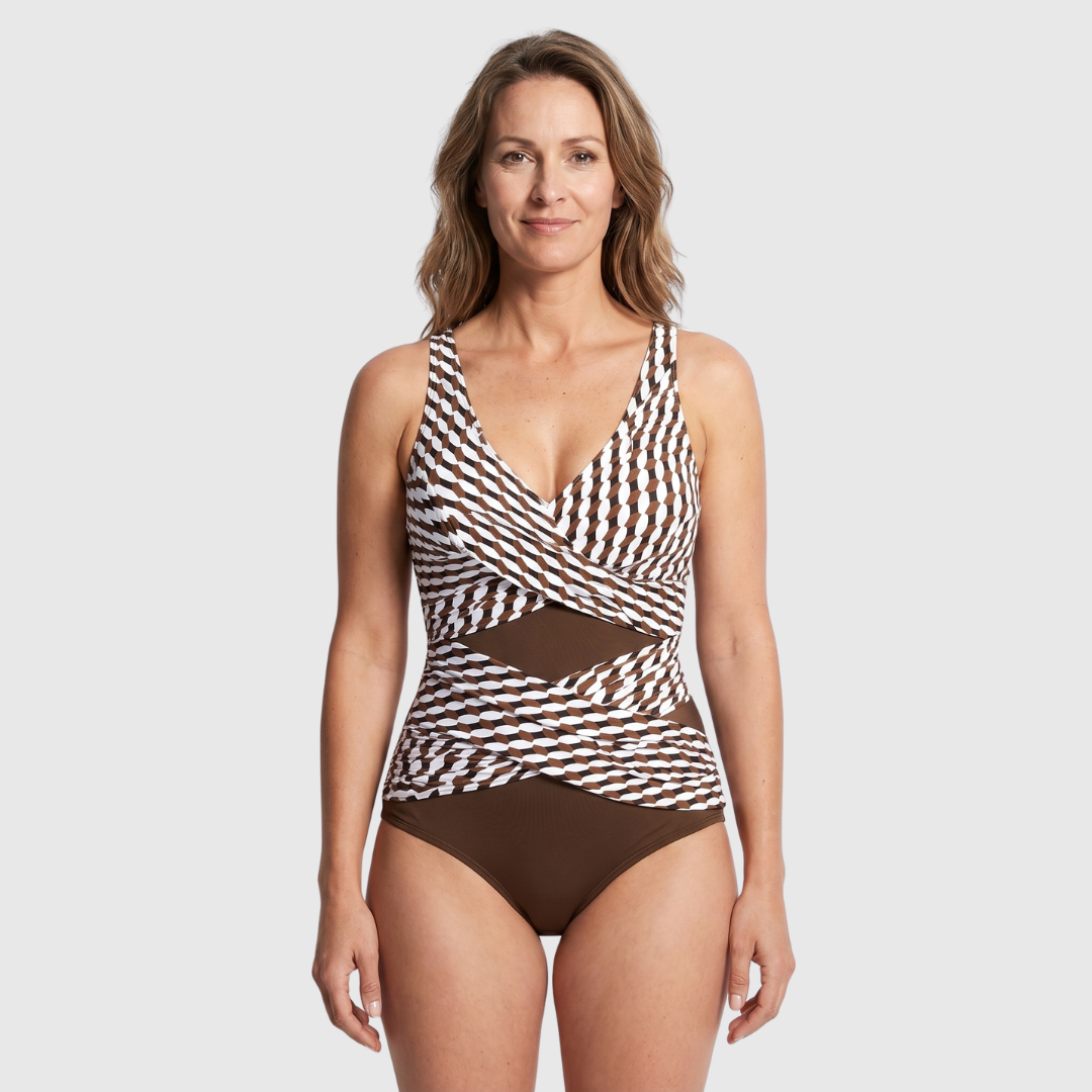 Maillot de bain sculptant femme, une pièce, avec élégant décolleté en V croisé pour plage et piscine.