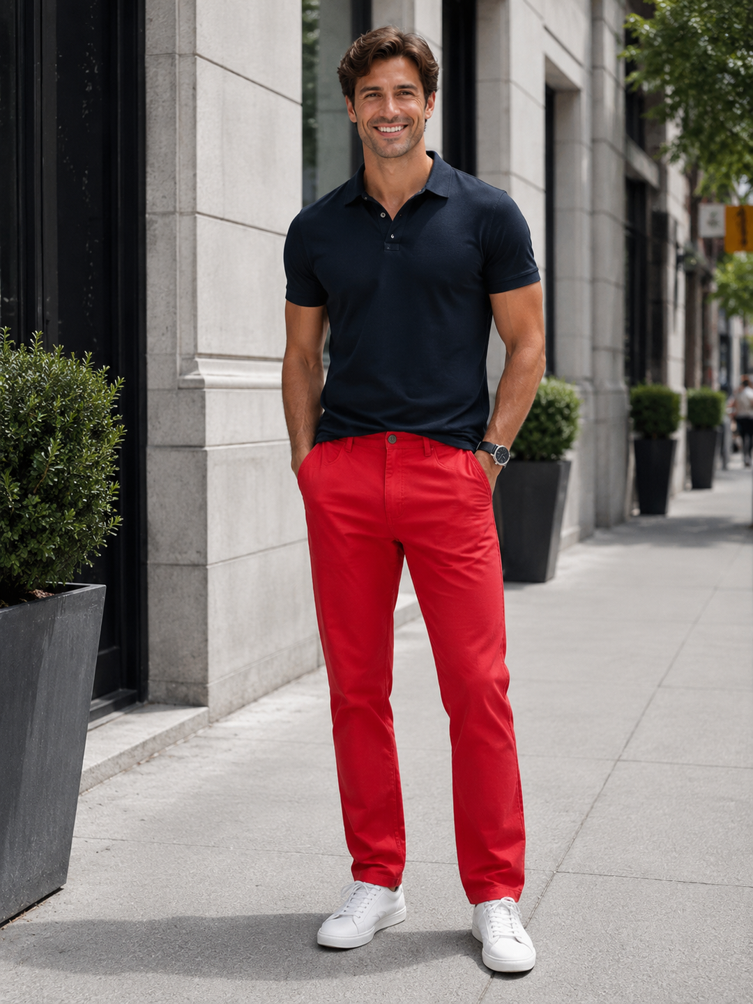 Pantalon chino coupe slim homme, confortable et élégant, essentiel pour la mode masculine polyvalente.