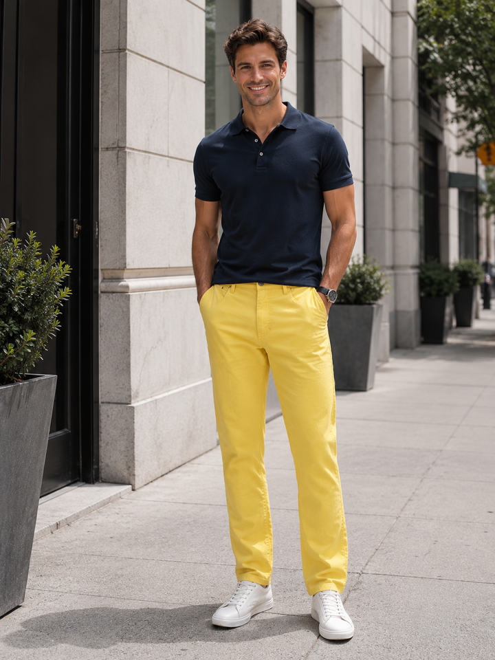 Pantalon chino homme élégant, coupe slim fit pour une mode masculine raffinée et confortable.