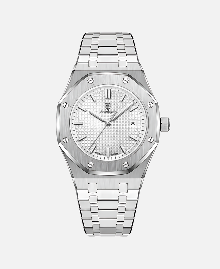 Montre homme 41mm élégante, bracelet et boîtier en acier inoxydable. Cadran bleu océan lumineux.