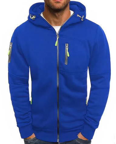 Sweat à capuche homme zippé bleu, confortable et léger, idéal pour activités sportives et look décontracté.