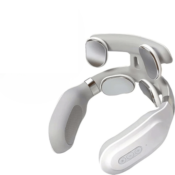 Masseur cervical ergonomique avec fonctions chaleur et vibration pour un soulagement efficace.