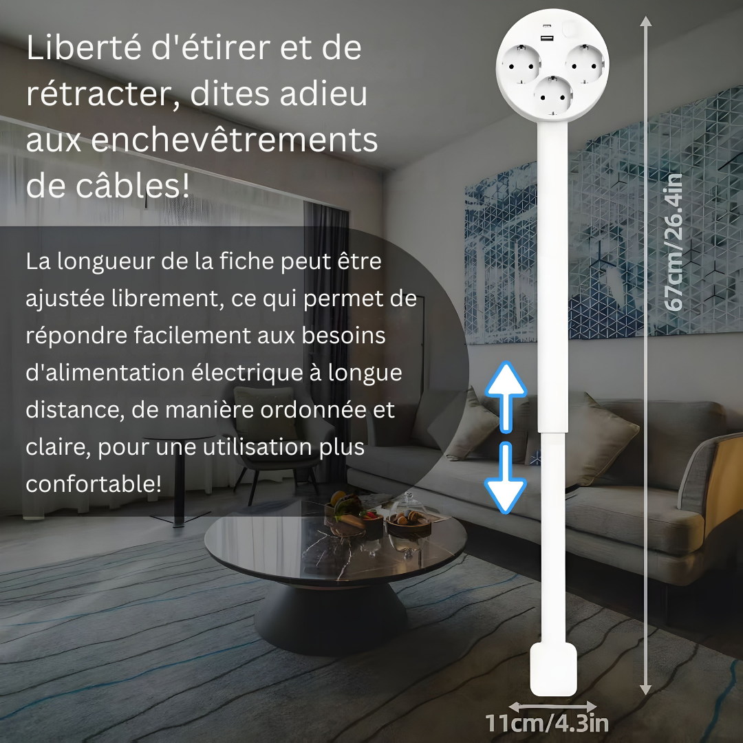 Prise extensible intelligente avec multiples ports USB, idéale pour charger divers appareils au bureau ou à la maison.