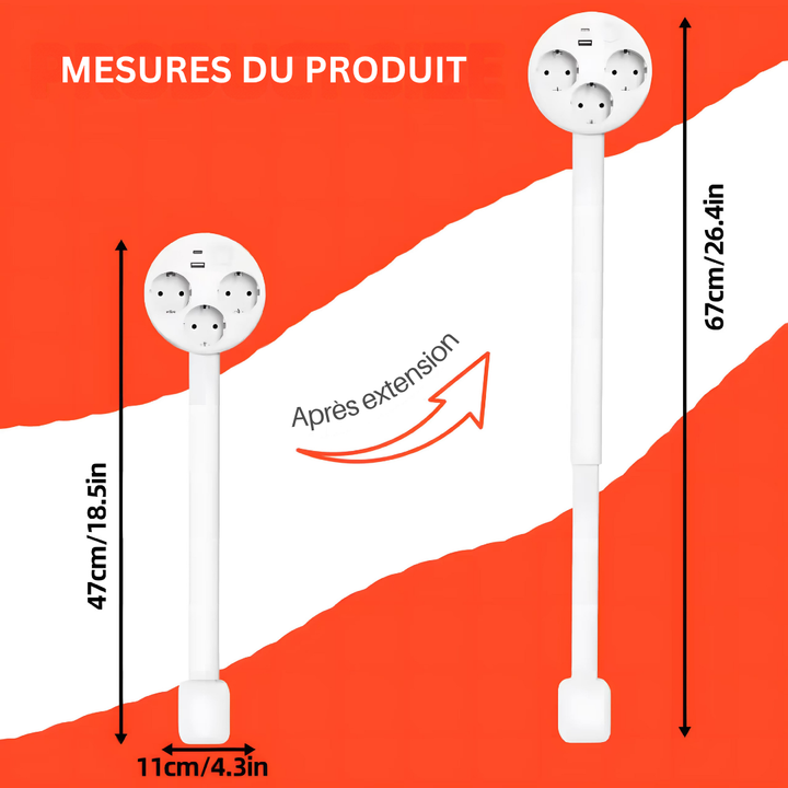 Prise électrique intelligente extensible et compacte, design moderne, avec chargeur USB pour bureau et maison.