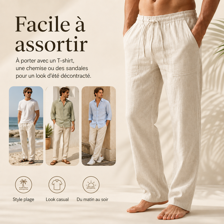 Homme portant un pantalon en lin clair, look estival décontracté et confortable sur la plage.
