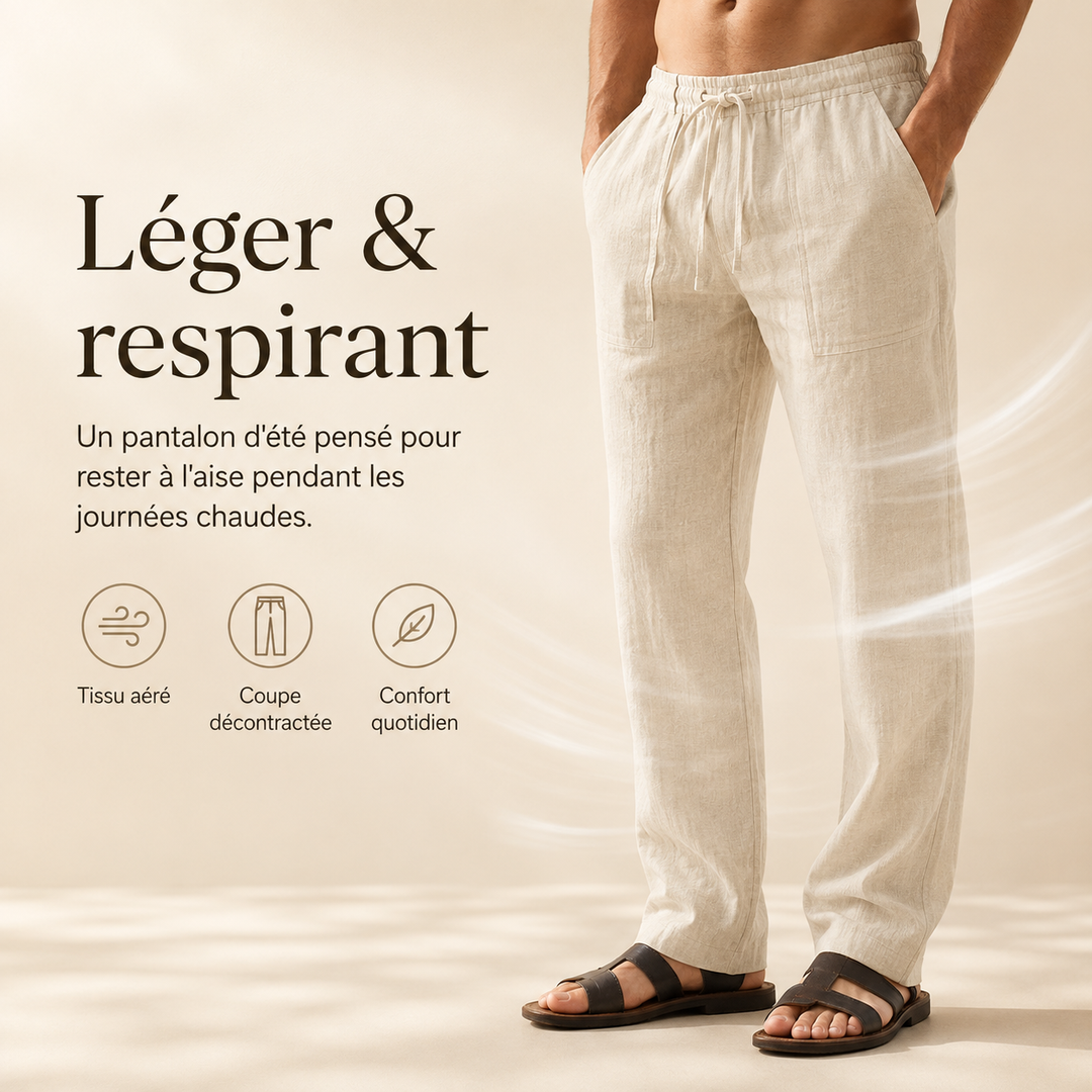 Pantalon homme en lin naturel, offrant fraîcheur et style décontracté pour un été confortable.
