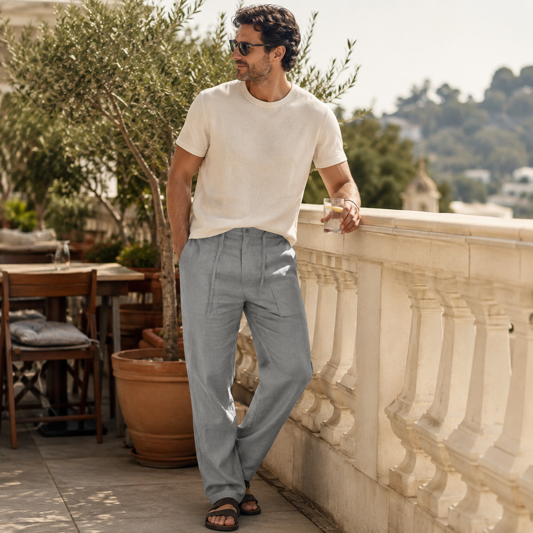 Pantalon chino lin homme, parfait pour un look décontracté chic estival, léger et confortable.