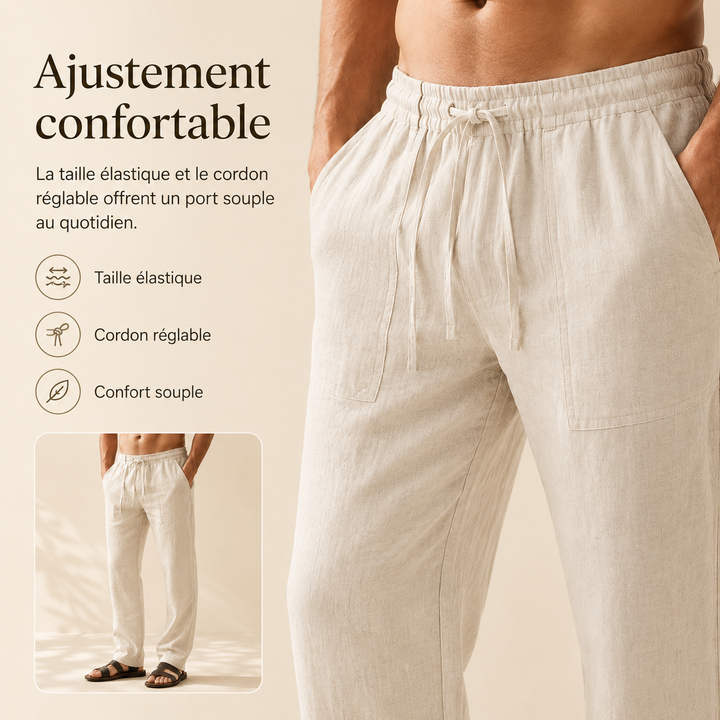 Pantalon homme en lin tendance, essentiel pour un style estival décontracté, léger et élégant.