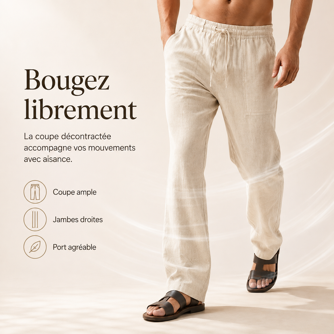 Pantalon lin homme blanc cassé, léger et respirant pour un confort estival décontracté garanti.