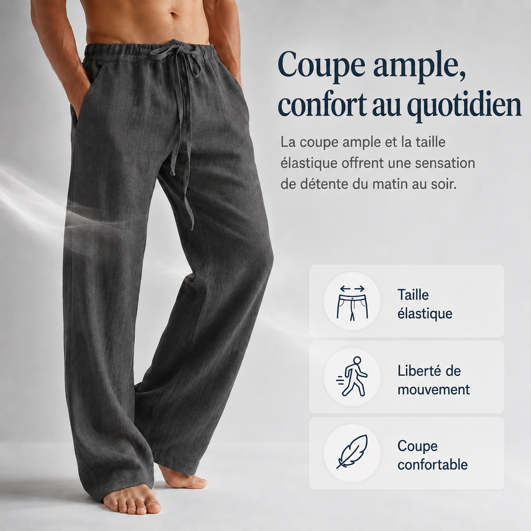Pantalon en lin bleu marine homme avec poches, coupe décontractée et confortable pour les loisirs d'été et vacances.