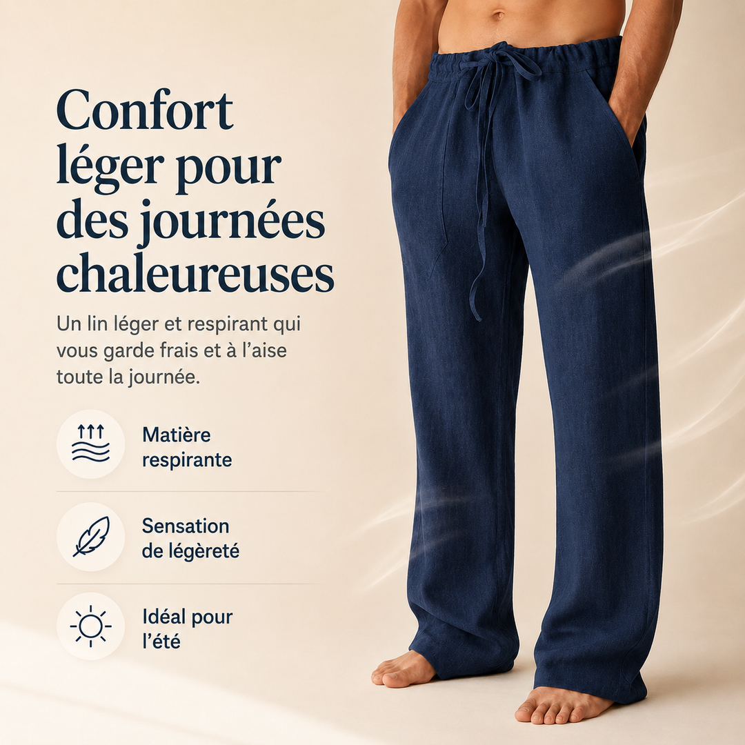 Pantalon ample en lin blanc homme, parfait pour la plage, les loisirs ou un look décontracté estival, mode masculine.