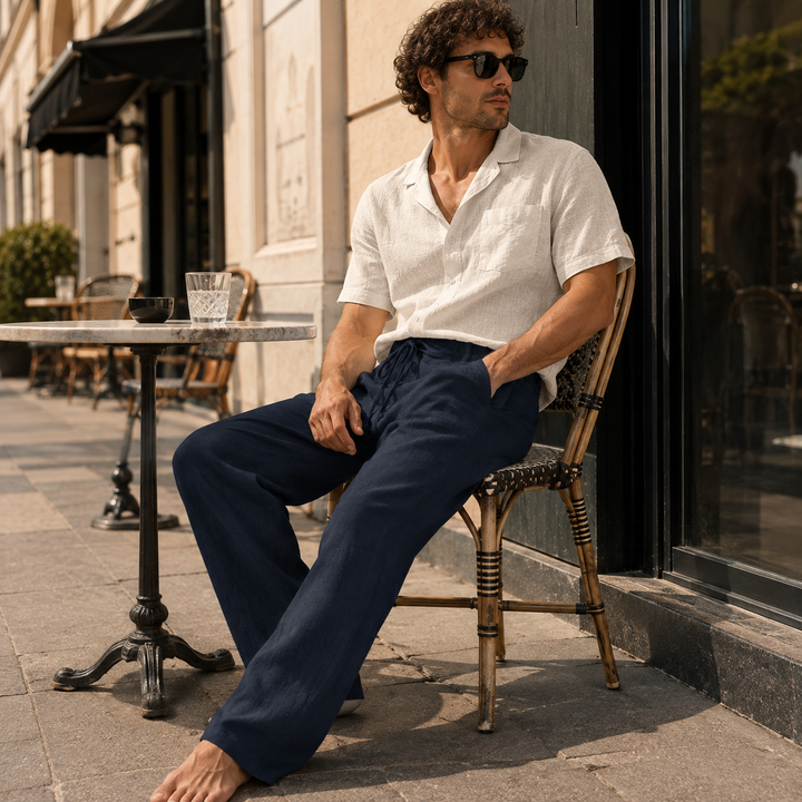 Pantalon d'été en lin pour homme, style décontracté ample, léger et parfait pour les journées chaudes ou la plage.