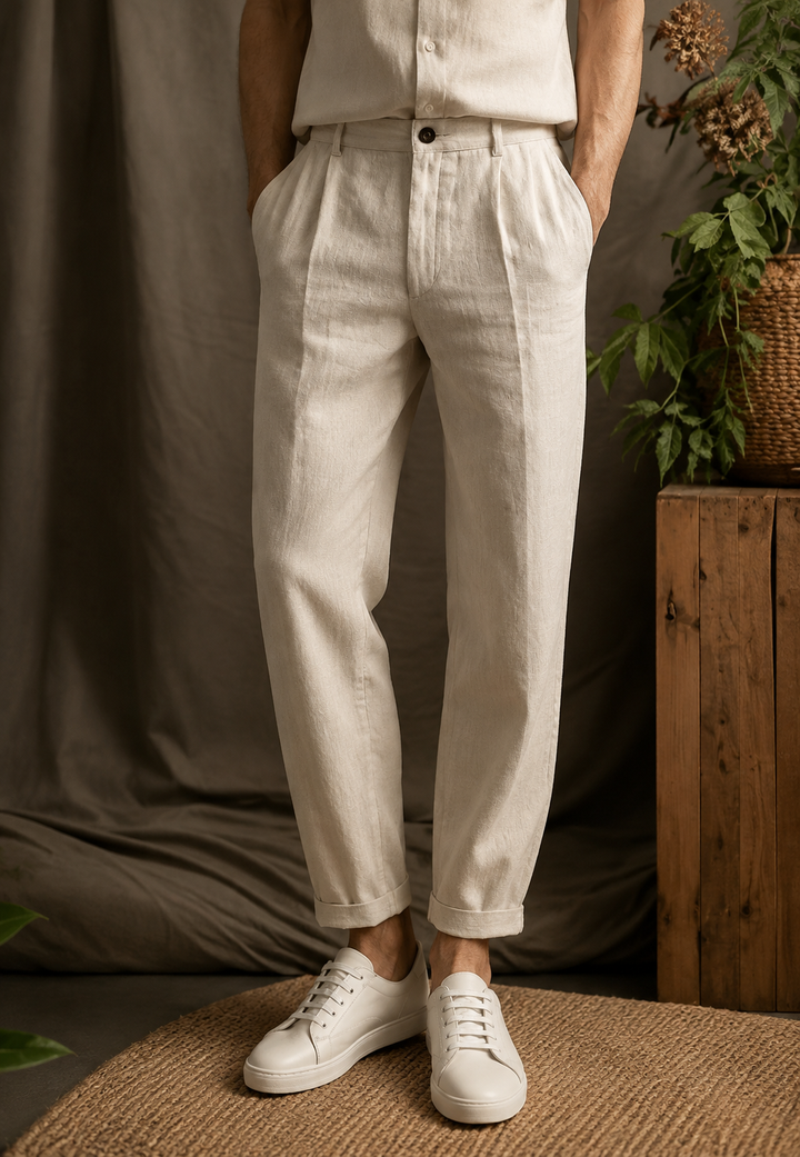 Pantalon homme à pinces coupe droite élégant, idéal pour un look chic et confortable en été.