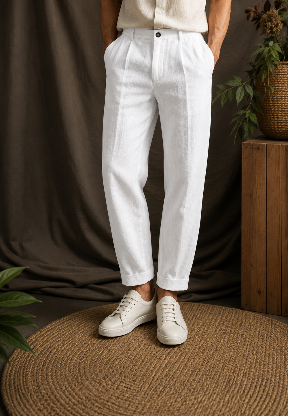 Détail pantalon homme à pinces coupe droite, parfait pour un style décontracté chic ou habillé.