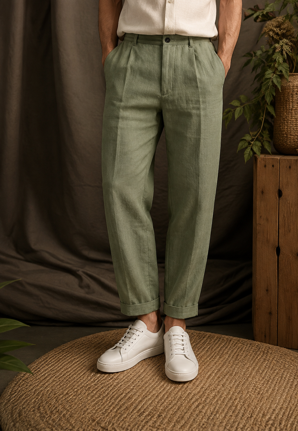 Pantalon homme à pinces et coupe droite, alliant confort et élégance moderne pour le quotidien.