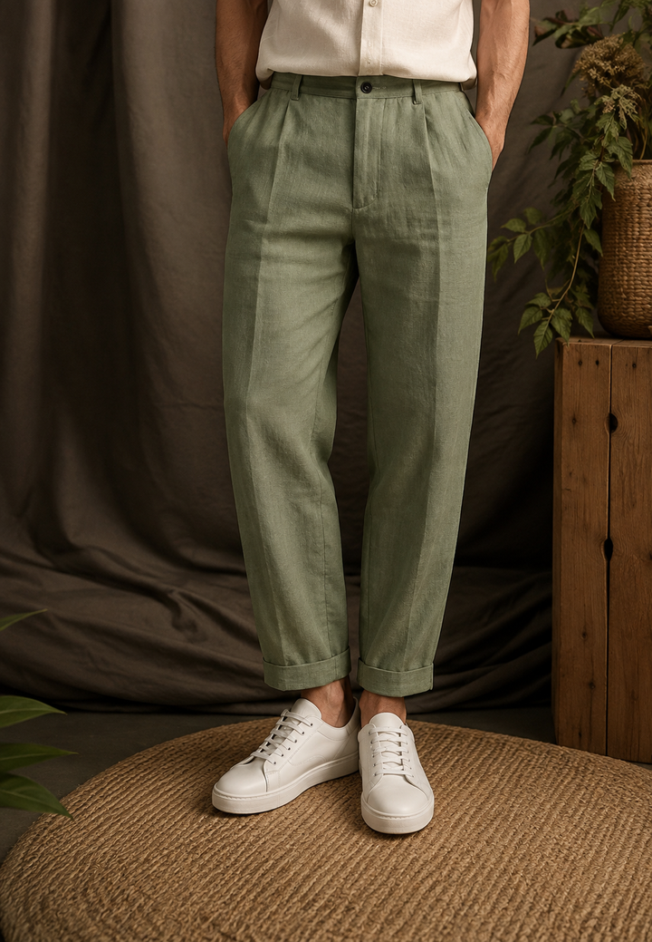 Pantalon homme à pinces et coupe droite, alliant confort et élégance moderne pour le quotidien.