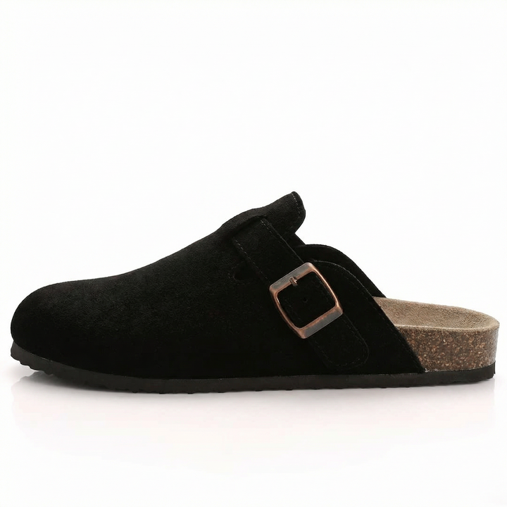 Chaussures pantoufles femme confort supérieur en daim, semelle liège ergonomique pour usage intérieur et extérieur.