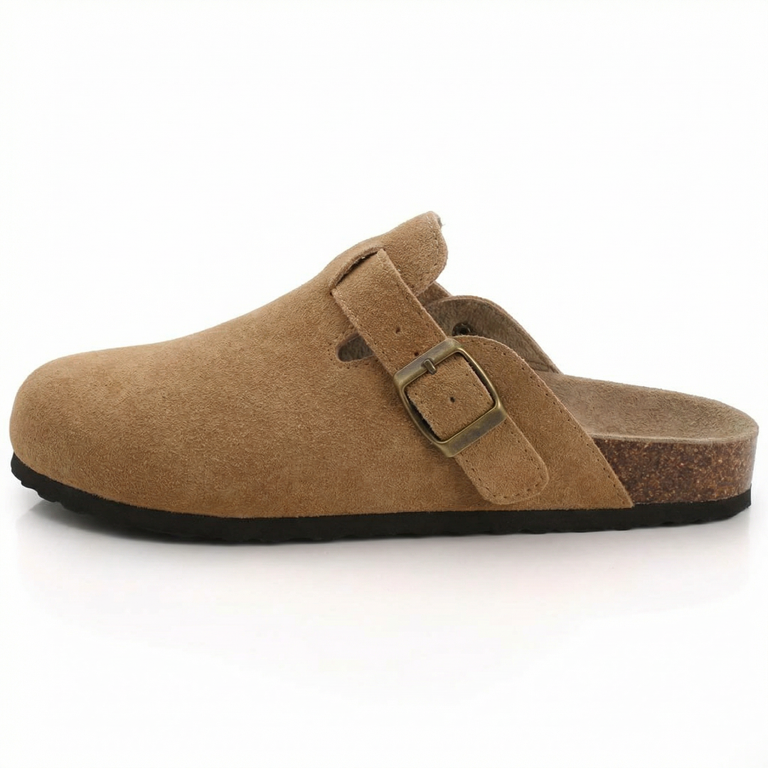 Sandales pantoufles ajustables en daim pour femmes, semelle en liège naturelle, parfaites pour l'été et le confort.