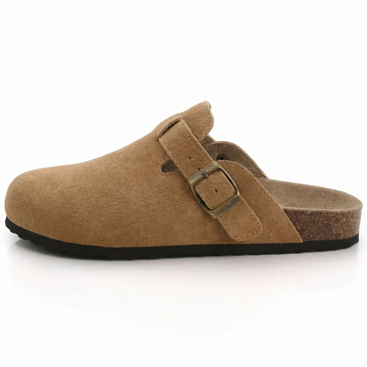 Sandales pantoufles ajustables en daim pour femmes, semelle en liège naturelle, parfaites pour l'été et le confort.