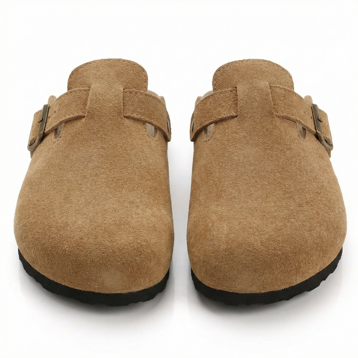 Pantoufles de luxe en daim pour femmes, semelle en liège amortissante, garantissant un confort et une durabilité accrus.
