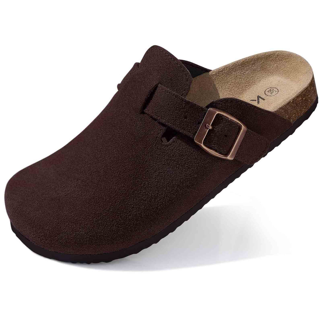 Pantoufles légères en daim unisexe, semelle liège ergonomique, pour un confort supérieur.