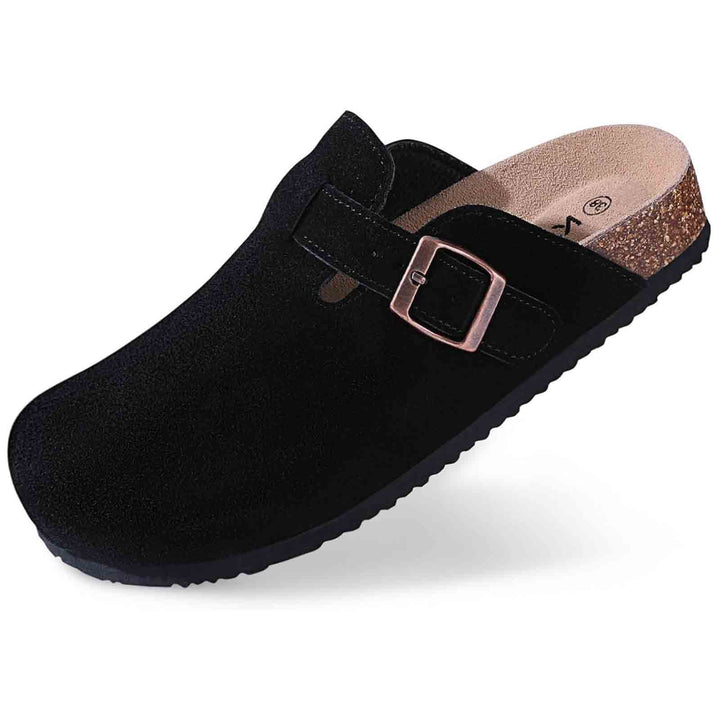 Pantoufles confortables en daim véritable, semelle ergonomique en liège, idéales pour l'hiver.