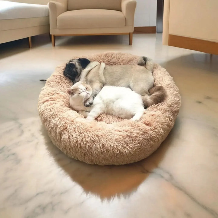 Coussin chien anti-stress rond en peluche, lavable en machine, pour le confort de votre animal de compagnie.