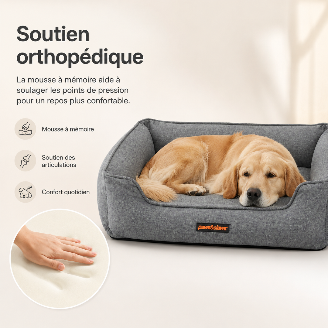 Lit orthopédique pour chien offrant soutien articulaire et musculaire grâce à sa mousse mémoire haute densité.