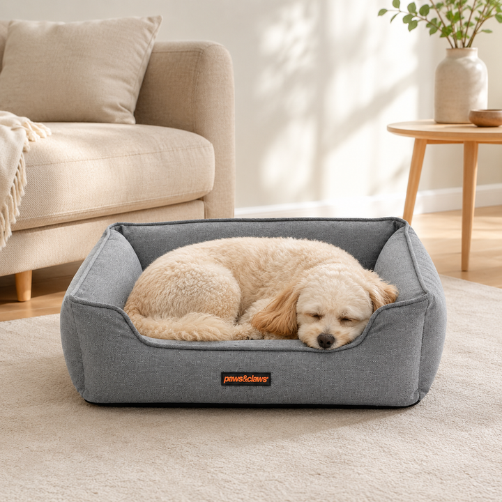 Lit orthopédique élégant pour chien, idéal pour l'intérieur, offrant couchage confortable et soutien articulaire.