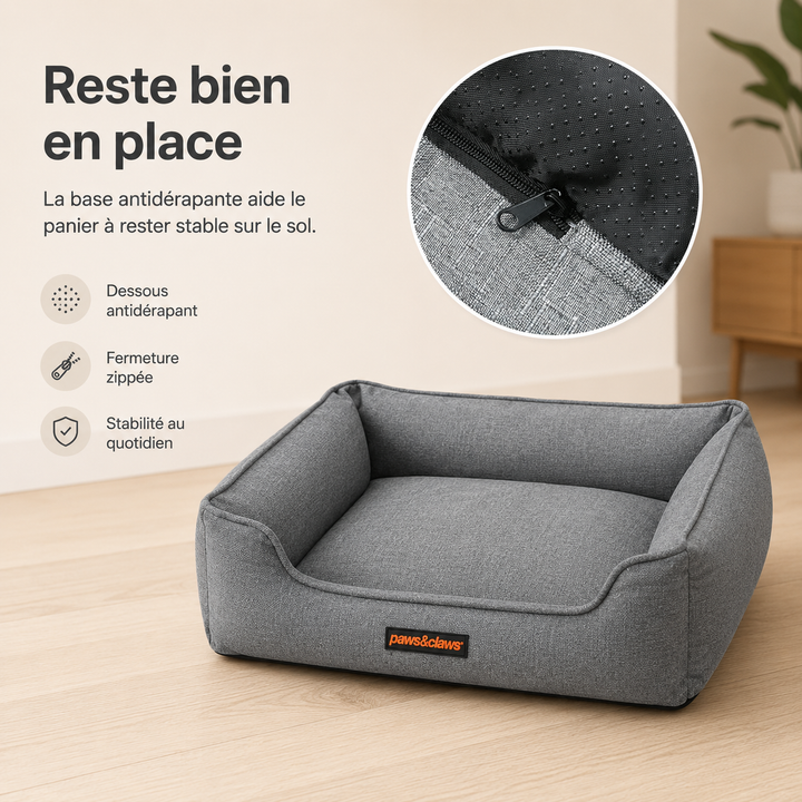 Panier chien orthopédique moderne, avec mousse mémoire pour un couchage confortable et un soutien articulaire optimal.