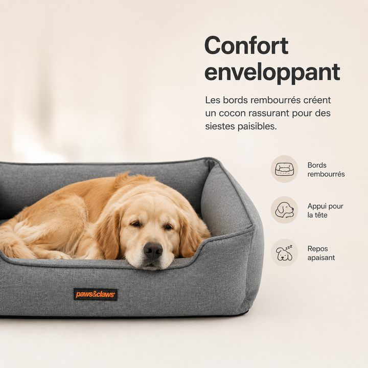 Lit orthopédique robuste pour chien, mousse mémoire haute densité assurant un confort durable et un soutien articulaire.