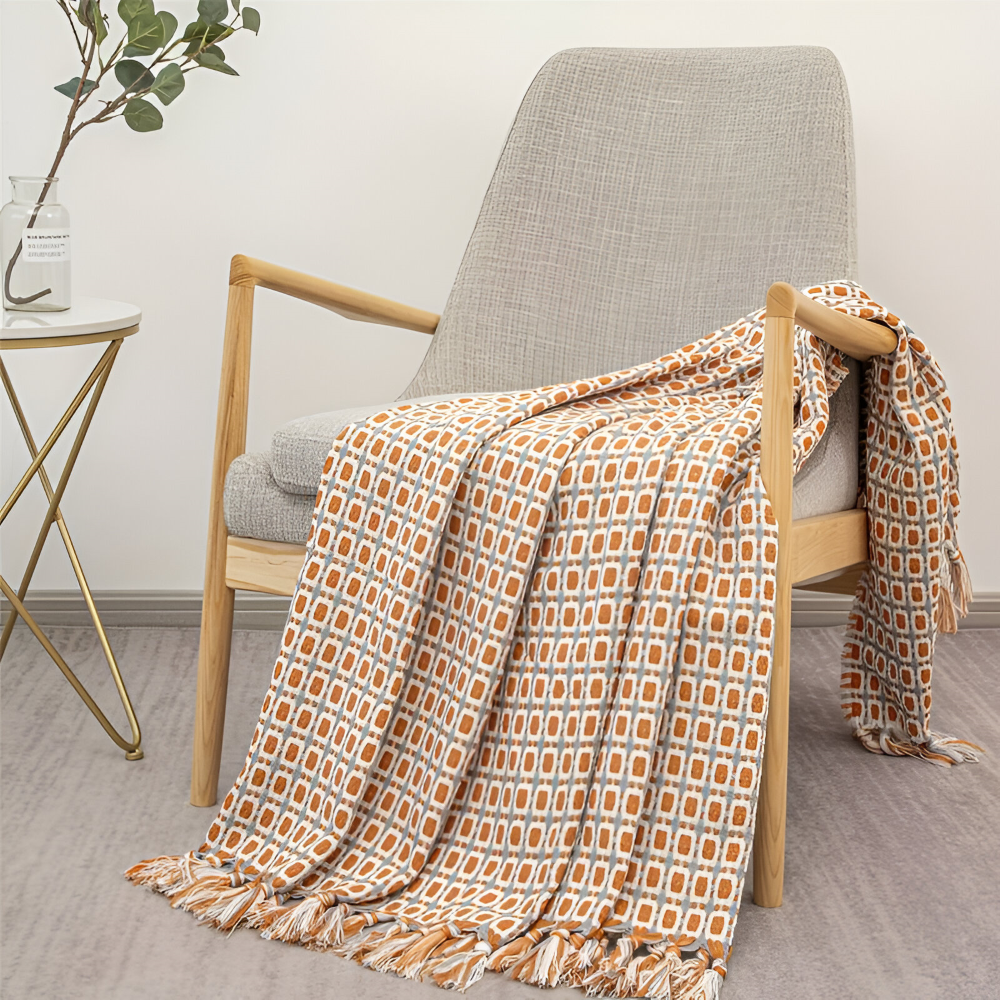 Plaid confortable en polyester doux, motif vintage avec franges, idéal pour la literie ou comme jeté.
