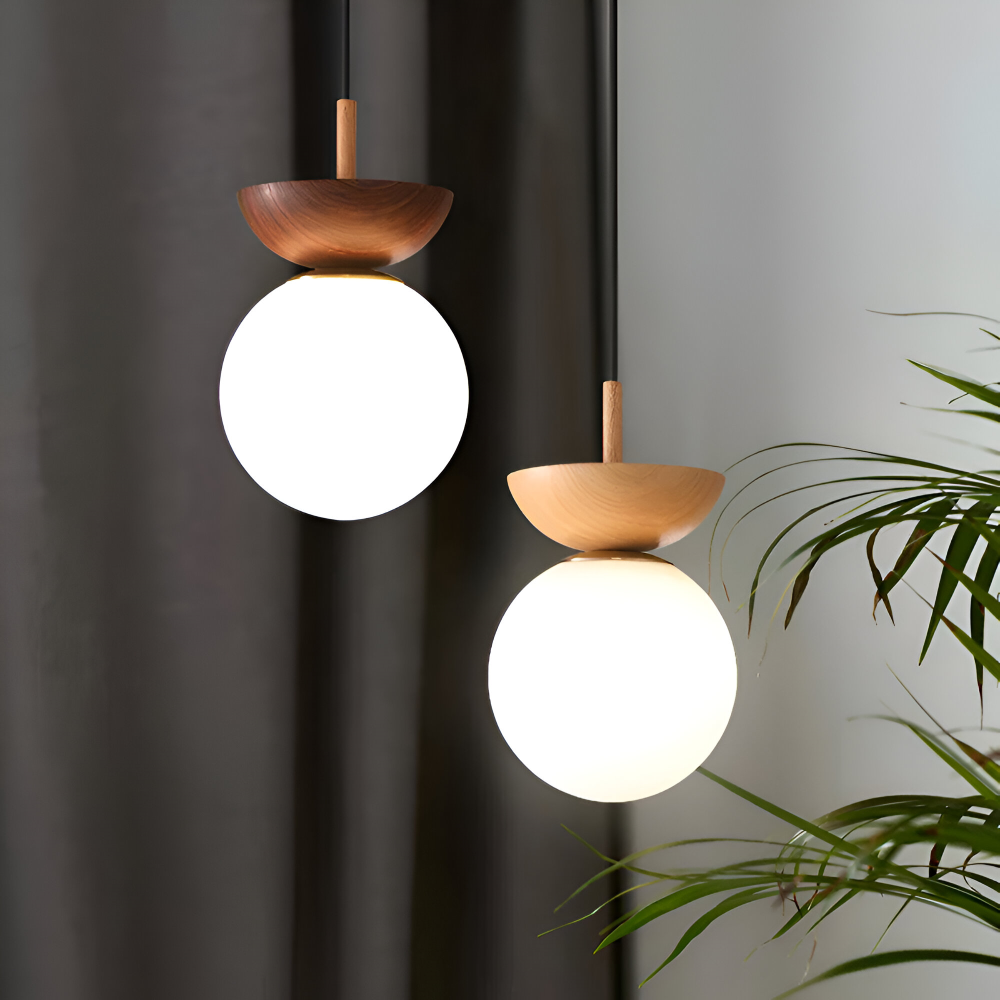 Lustre LED Perle style japonais, lampe suspendue élégante, lumière douce et chaleureuse.