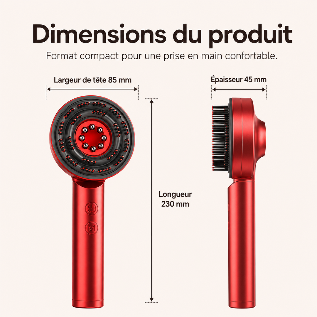 Détente et soin du cuir chevelu avec ce peigne de massage à lumière rouge Thera.