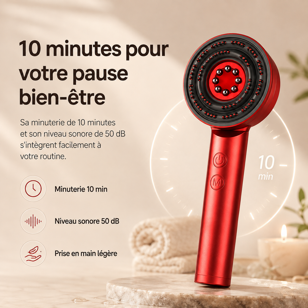 Soin anti-chute et stimulation du cuir chevelu grâce au peigne massage lumière rouge.