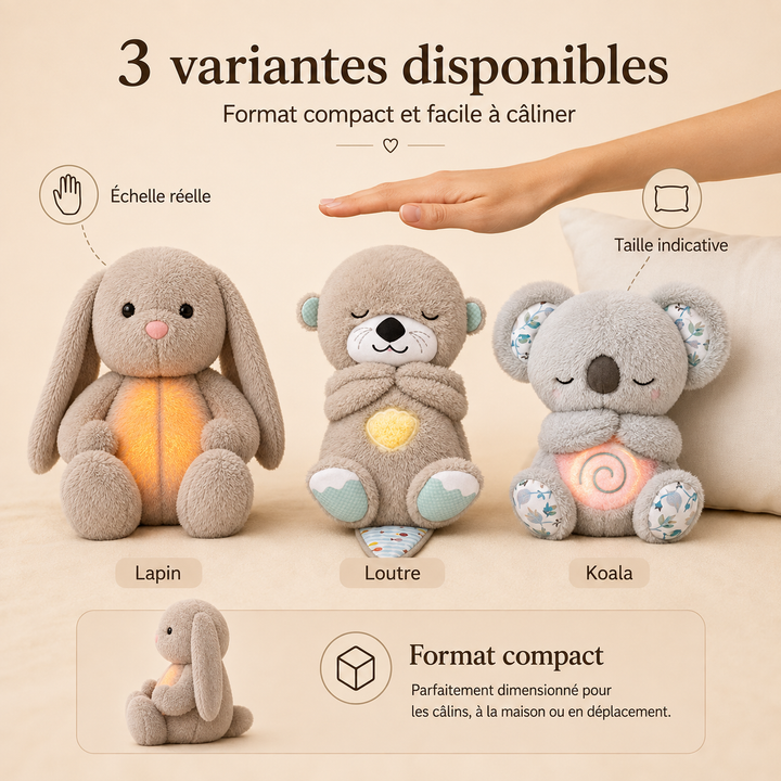 Peluche interactive pour bébé et enfant, aide au sommeil par respiration calmante et lumière.