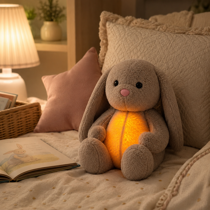 Peluche lapin relaxante pour enfant, avec simulation de respiration et veilleuse apaisante.