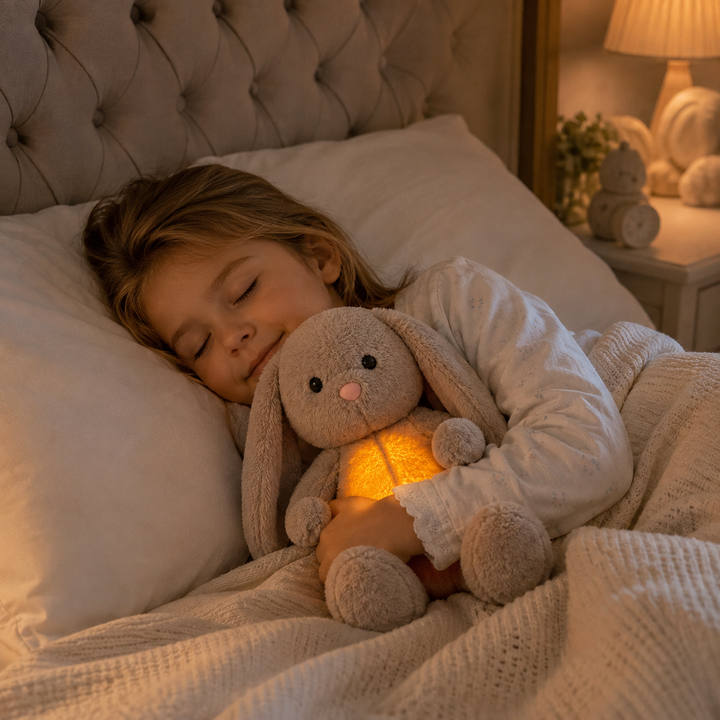 Peluche interactive pour un sommeil serein, avec lumière et sons relaxants pour les tout-petits.