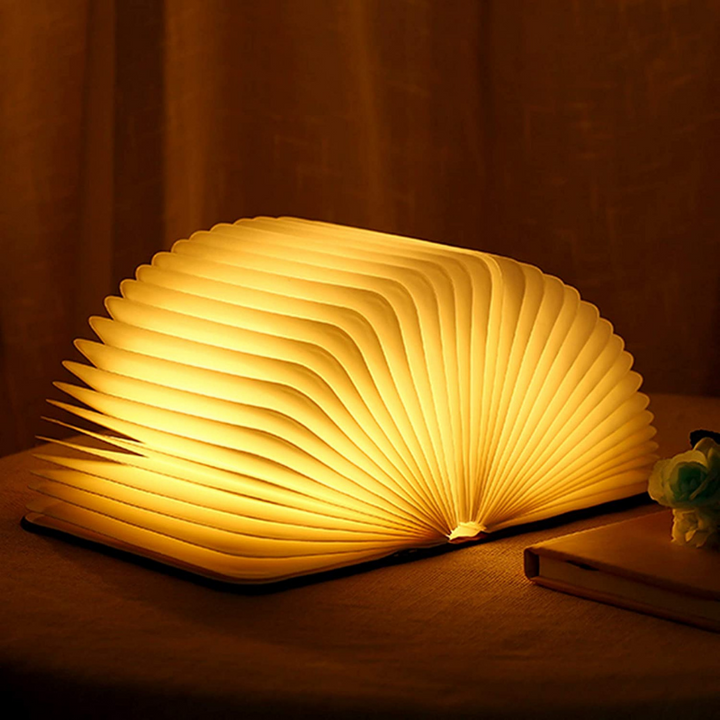 Lampe de table LED en forme de livre, design pliable unique pour chambre ou salon.
