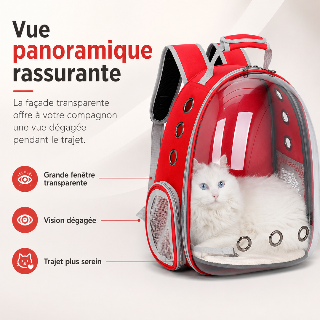 Accessoire de voyage PetRoyale : sac transparent pour chat. Respirant, stable et sûr pour un trajet agréable.
